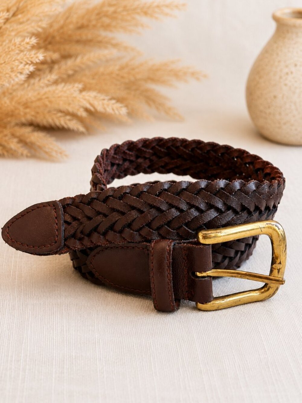 Unisex Genuine Leather Braided Woven Belt Brown Gold-Tone Buckle, 50x125 cm